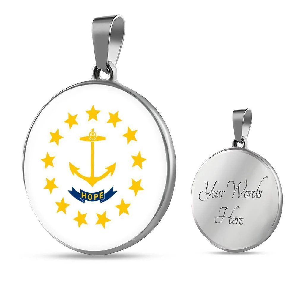 Rhode Island State Flag Circle Pendant Necklace Stainless Steel 24 Inch Chain S